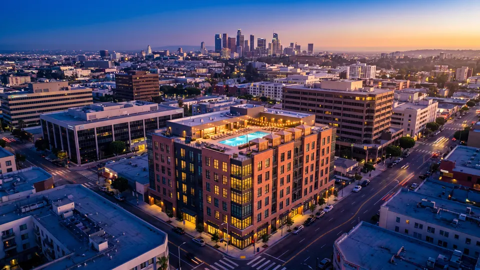 A downtown Los Angeles apartment building at dusk