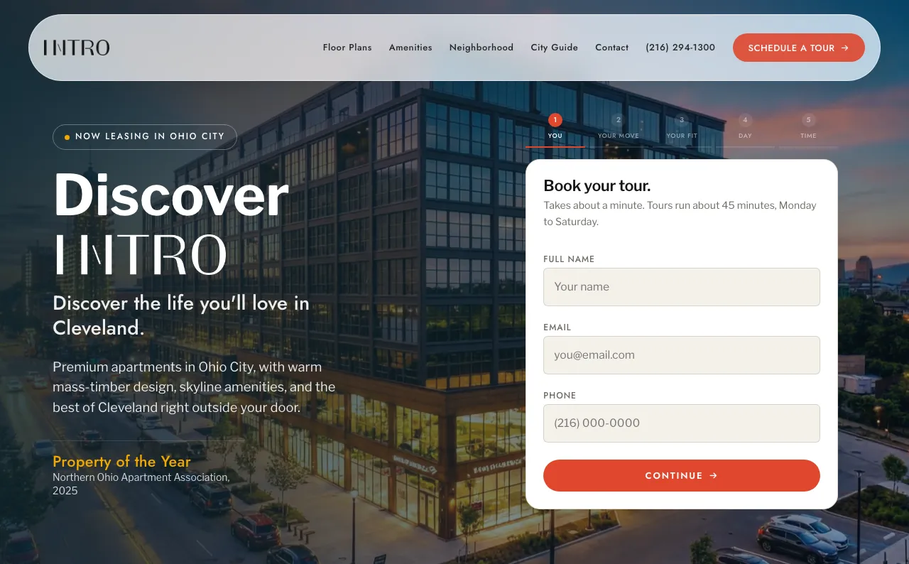 The INTRO Cleveland leasing site with tour booking in the hero