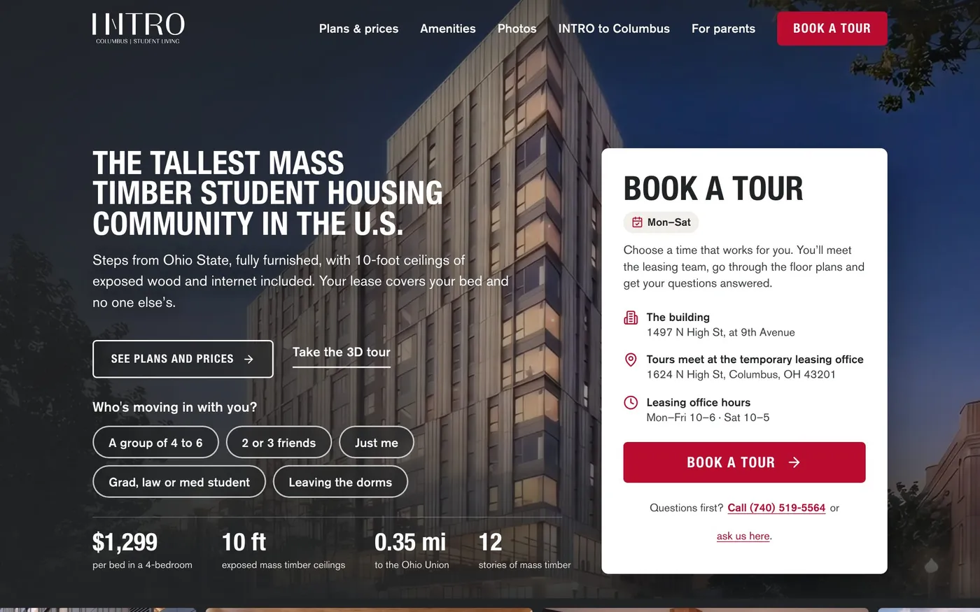 INTRO Columbus homepage with tour booking