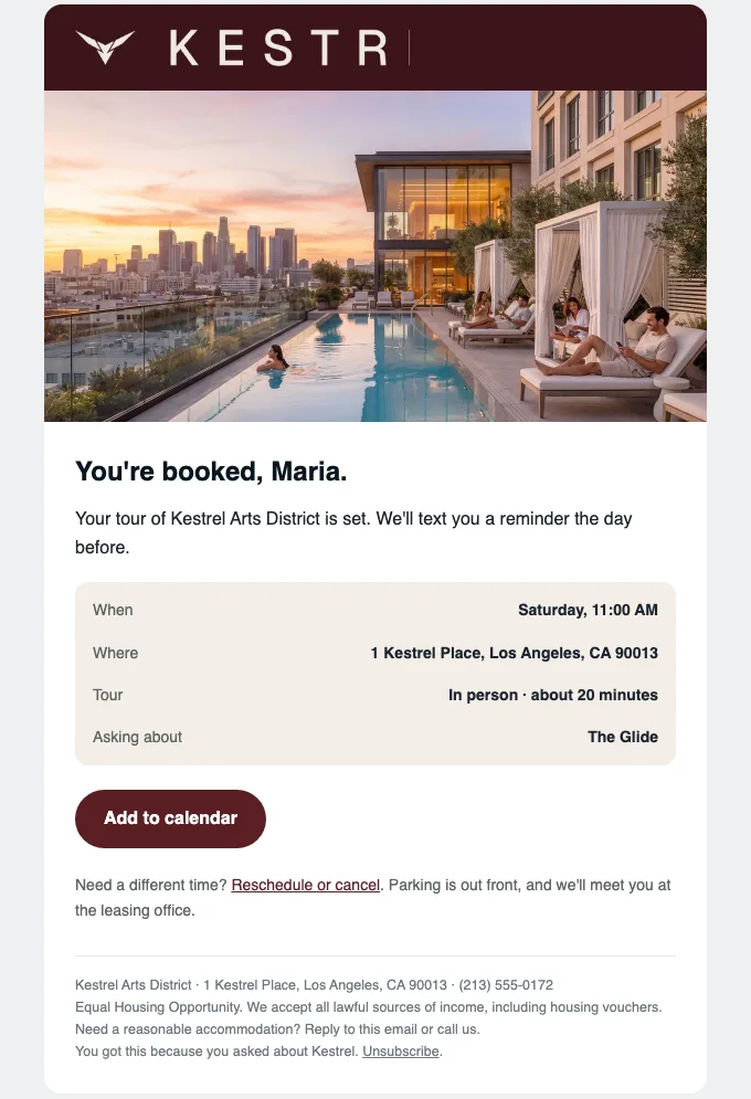 Email: You're booked: Sat 11:00 AM at Kestrel