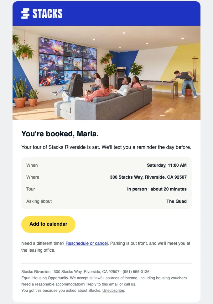 Email: You're booked: Sat 11:00 AM at Stacks