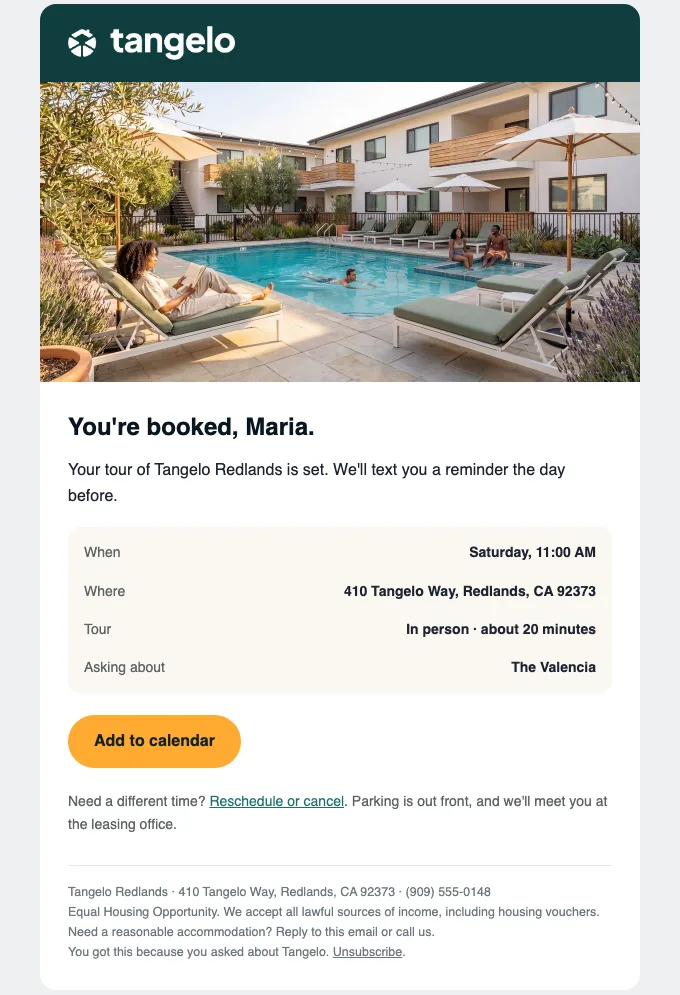 Email: You're booked: Sat 11:00 AM at Tangelo